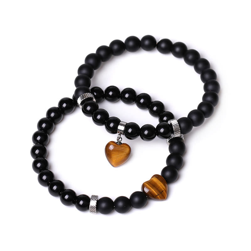 2Pcs Black Onyx Crystal Stone Love Heart Protection Support Couple Bracelet