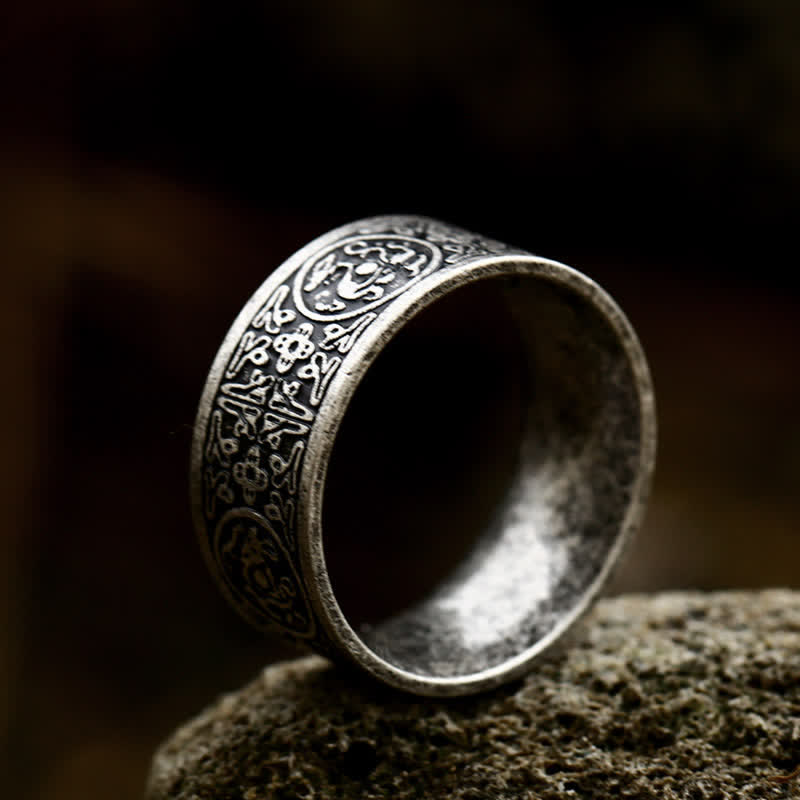 Four Guardian Beast Dragon White Tiger Suzaku Basalt Carved Success Luck Ring