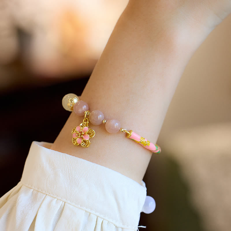 Natural Sun Stone Golden Silk Jade Flower Charm Wealth Bracelet Bangle