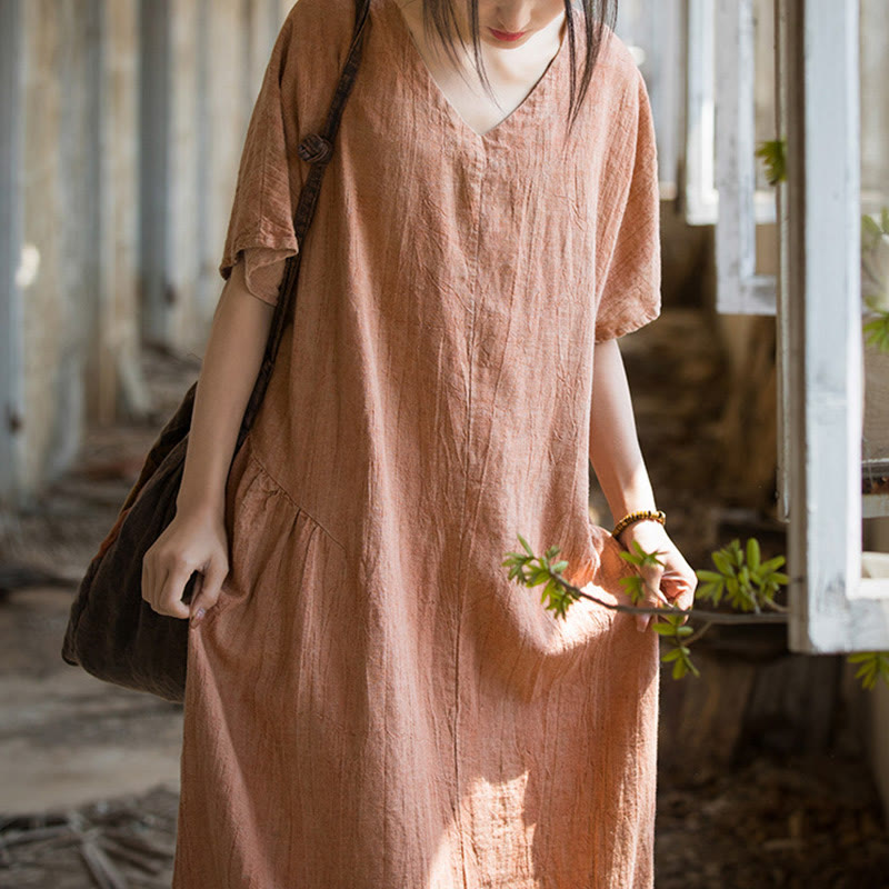 Handmade Tie Dye V-Neck Midi Dress Linen Short Sleeve Dress