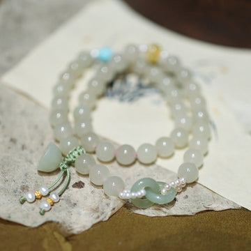 925 Sterling Silver Hetian Jade Double Peace Buckle Lotus Luck Double Wrap Bracelet