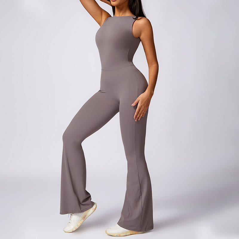 Women Casual Sleeveless Jumpsuit Flare Pants Sports Fitness Yoga Bodysuit