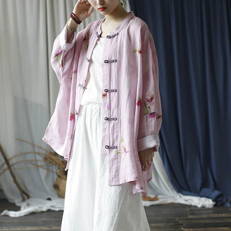 Pink Flower Print Frog-button Design Batwing Long Sleeve Ramie Linen Jacket Shirt