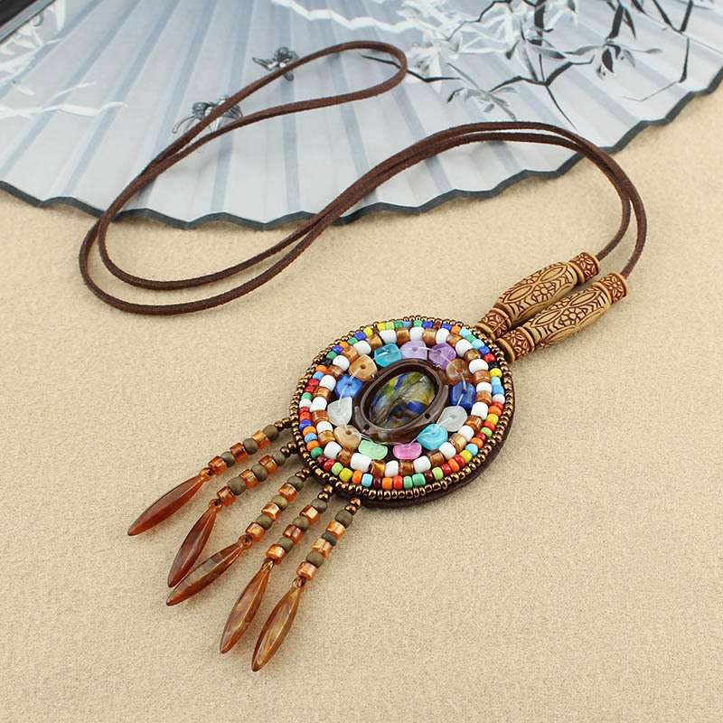 Mandala Pattern Geometric Creativity Pendant Necklace with Colorful Beads