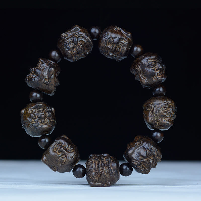 Ebony Wood Eighteen Arhats Lotus Dragon Engraved Balance Bracelet