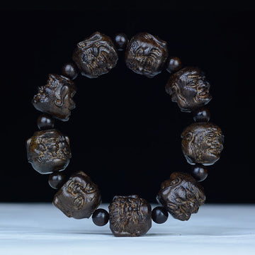 Ebony Wood Eighteen Arhats Lotus Dragon Engraved Balance Bracelet