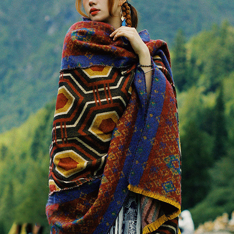 Tibetan Shawl Brown Blue Red Geometric Shapes Pattern Winter Cozy Travel Scarf Wrap