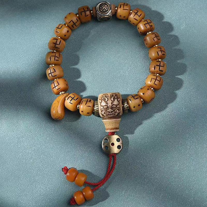Natural Tibetan Camel Bone Bracelet with Dzi Bead, Shankha, or Kirtimukha Charms