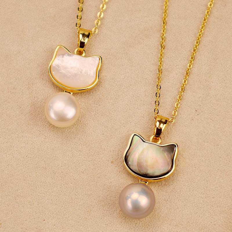 Natural Pearl Copper Cat Healing Necklace Pendant Earrings