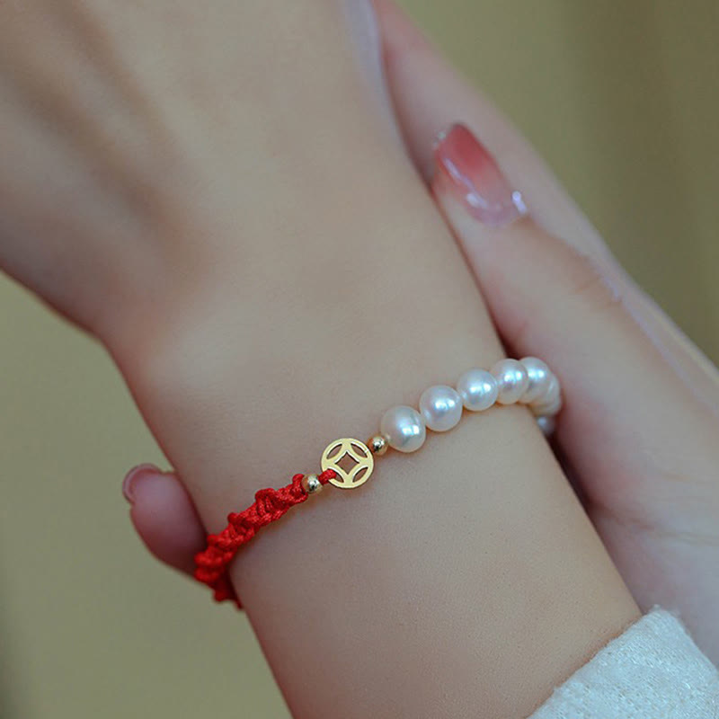 14K Gold Plated Pearl and Prosperity Symbol Braided Red String Bracelet