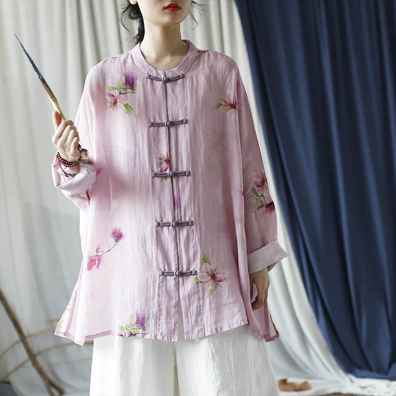 Pink Flower Print Frog-button Design Batwing Long Sleeve Ramie Linen Jacket Shirt