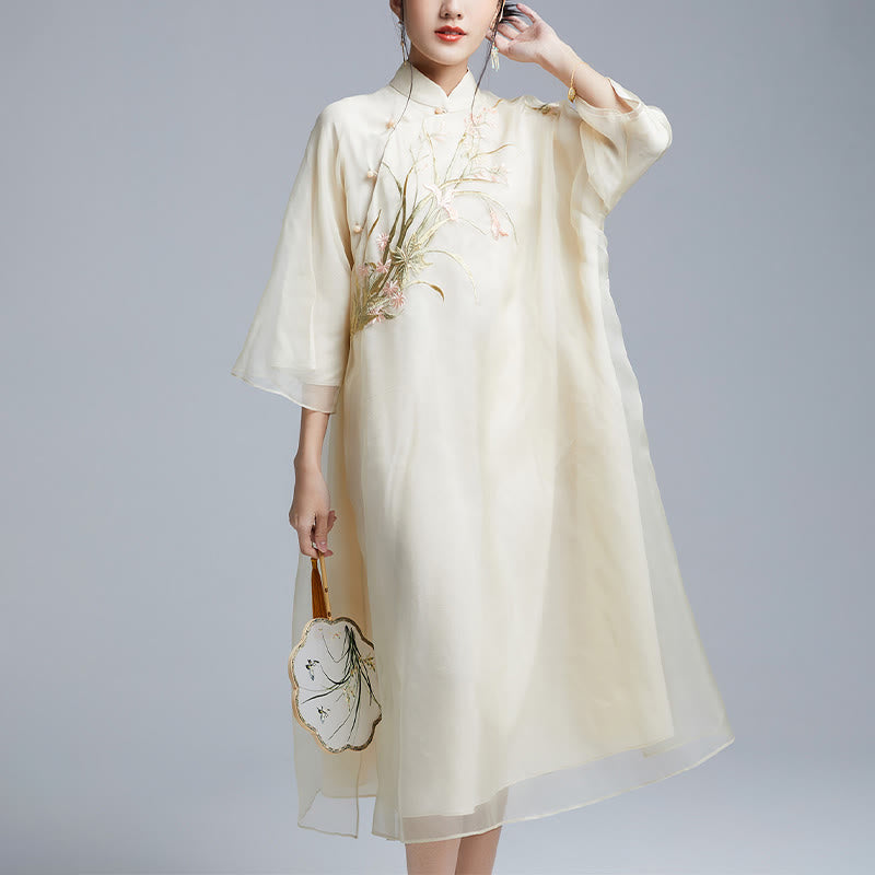 100% Mulberry Silk 6 Momme Dress Vintage Flower Butterfly Embroidery Qipao Dress Women's Cheongsam Dress