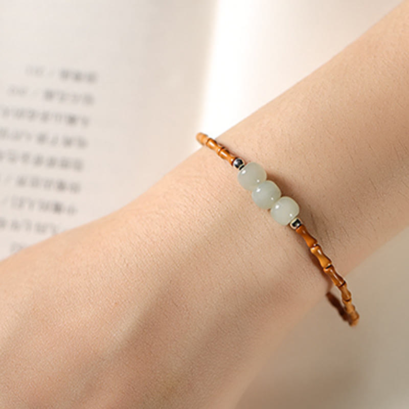 Natural Olive Pit & Hetian Jade Beaded Bracelet with Bamboo Pattern and White Copper Elements