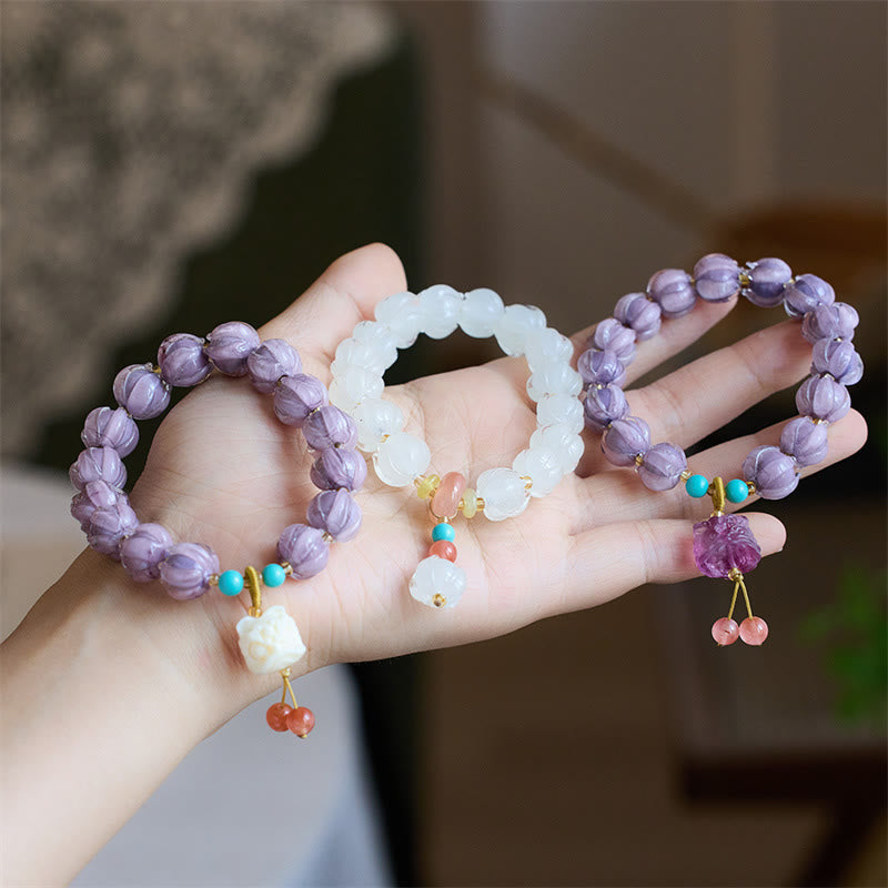 Guardian Lion & Lotus Charm Fluorite Liuli Glass Beaded Bracelet