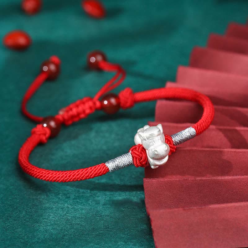 Handcrafted 999 Fine Silver Chinese Zodiac Red String Adjustable Bracelet