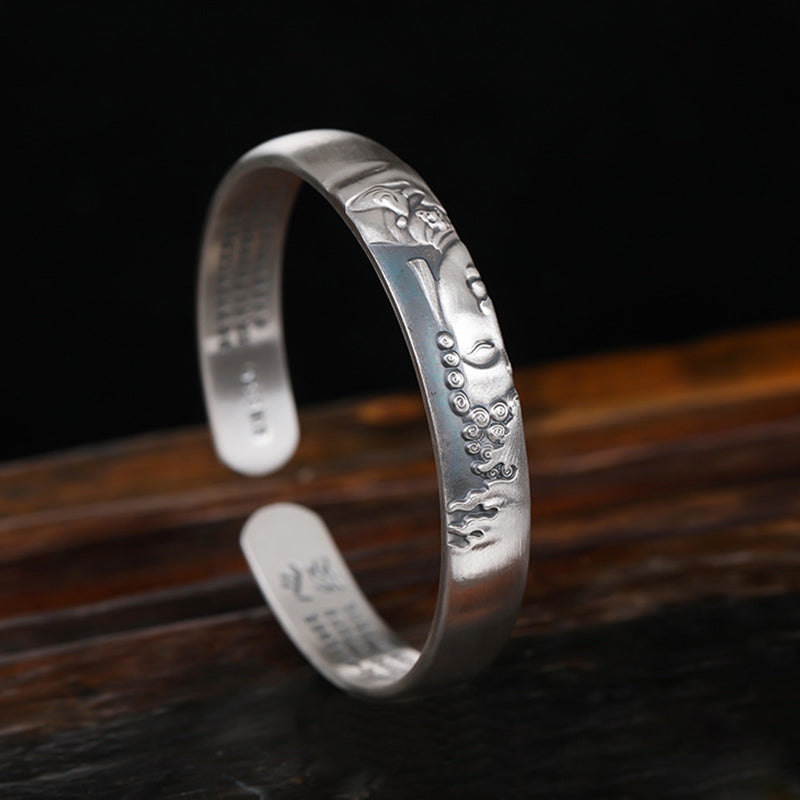 999 Sterling Silver Buddha Head Heart Sutra Serenity Bracelet Bangle