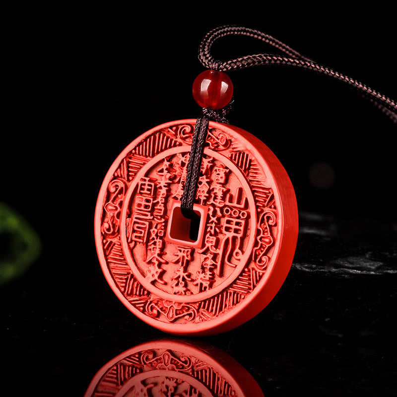 Natural Cinnabar Mountain Ghosts Spend Money Bagua Design Blessing Necklace Pendant