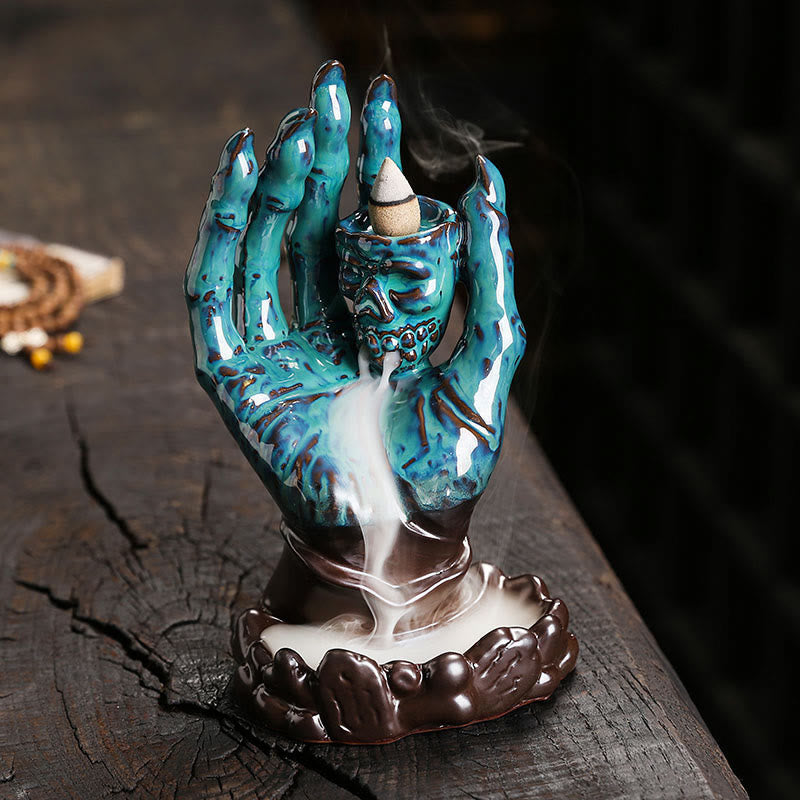 Ceramic Skull and Skeletal Hand Backflow Incense Burner for Atmospheric Meditation