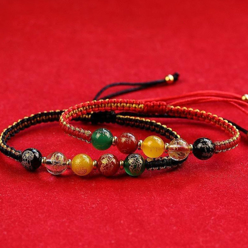 Handmade Five Directions Agate & Onyx Gold Copper Braided Red String Bracelet