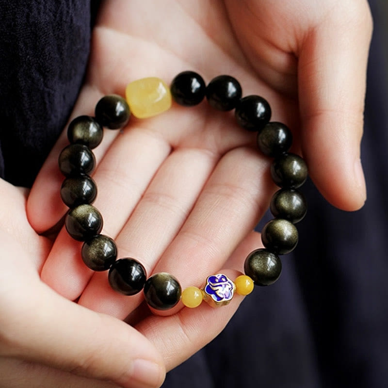 Natural Gold Sheen Obsidian & Amber Bracelet with 925 Sterling Silver and Zodiac Guardian