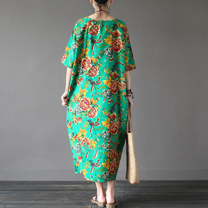 Red Peony Flowers Printed Midi Dress Half Sleeve Cotton Linen Dress