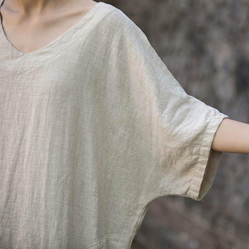 Solid Color V-Neck Half Sleeve Ramie Linen Midi Dress With Pockets