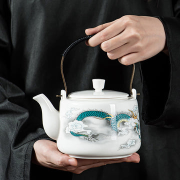 Vintage Dragon Mountain Fisherman Landscape White Porcelain Ceramic Kung Fu Teapot