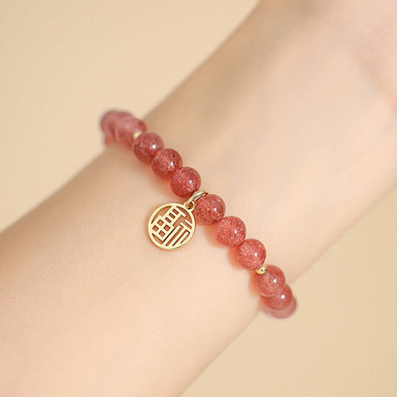 14K Gold Plated Strawberry Quartz Fu Character Healing Charm Bracelet
