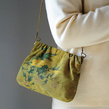 Yellow Green Flower Black Persimmon Metal Chain Crossbody Bag Shoulder Bag Handbag