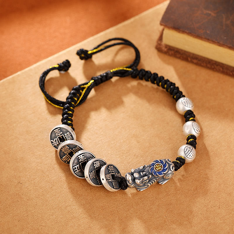 Handmade 999 Fine Silver Pixiu and Copper Coin Fu Character Braided Bracelet