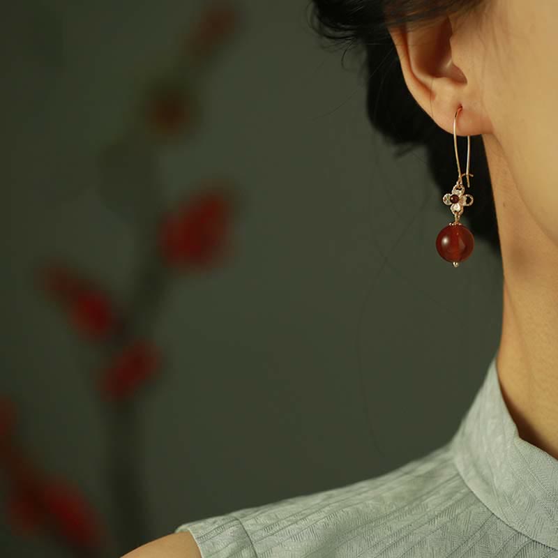 925 Sterling Silver Red Agate Flower Beaded Confidence Earrings