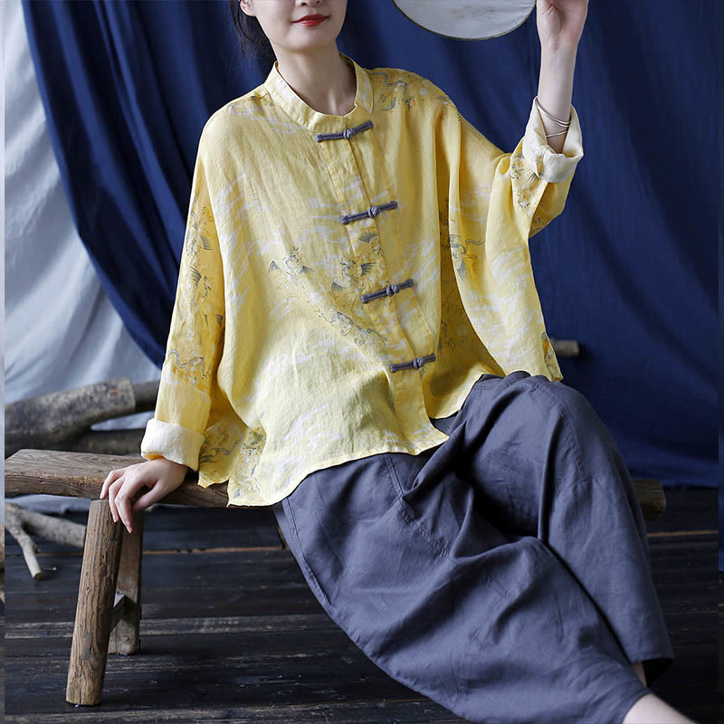 Yellow Phoenix Print Frog-button Design Long Sleeve Ramie Linen Jacket Shirt