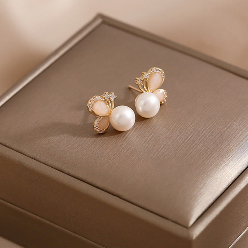 18k Gold Plated Natural Pearl Butterfly Stud Earrings