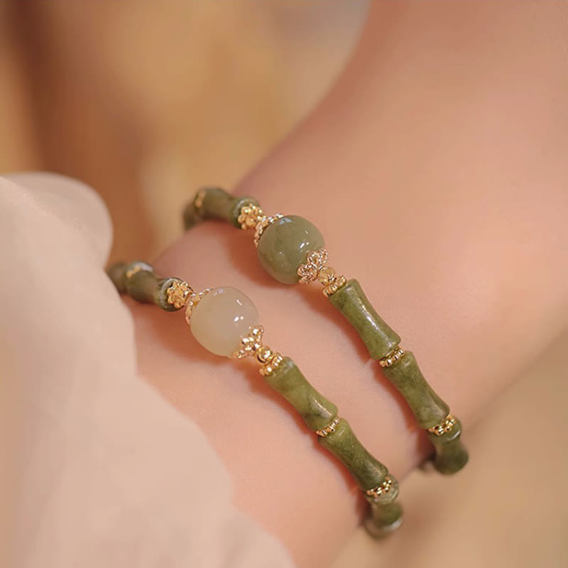 14K Copper Plated Peridot Hetian Jade Bamboo Pattern Luck Bracelet