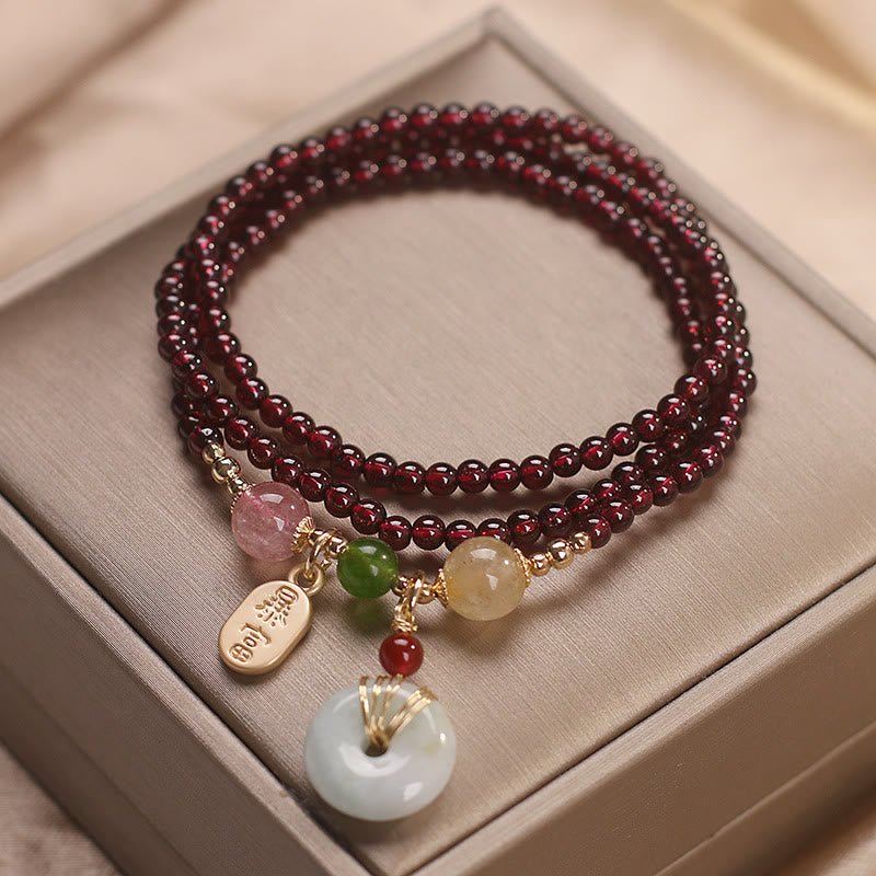Natural Garnet & Strawberry Quartz Triple Wrap Bracelet with Jade and Citrine Accents