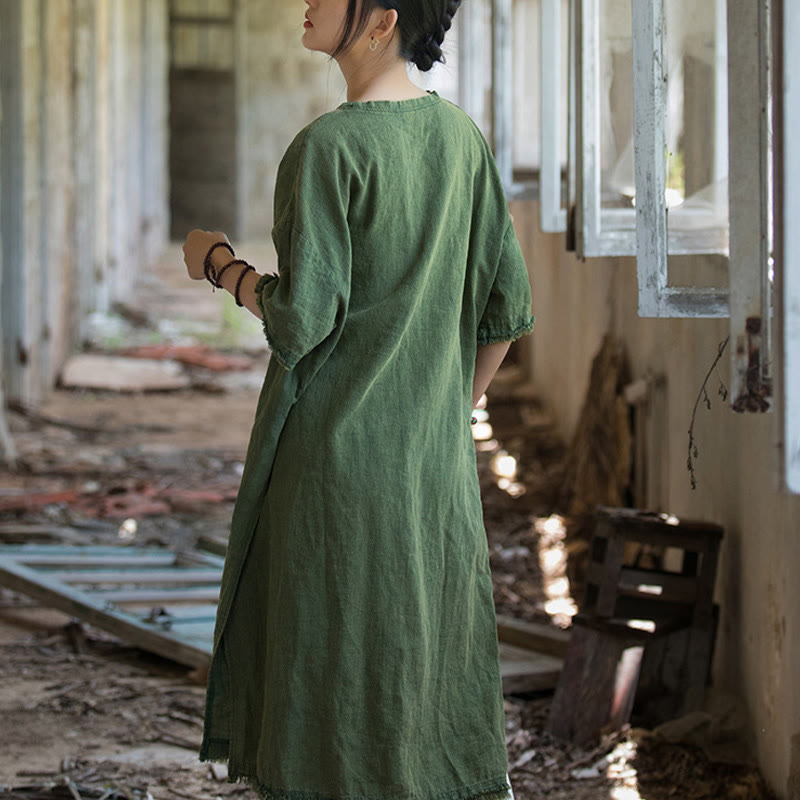 Mid Length Dress Ramie Linen Half Sleeve Split Hem Top T-Shirt