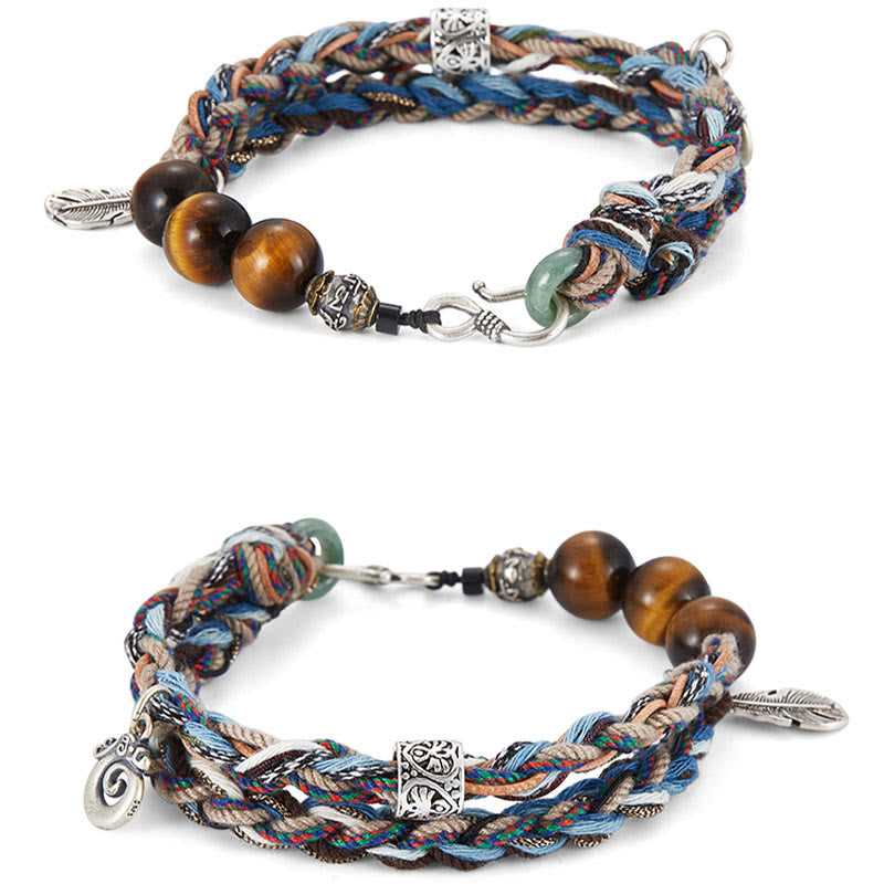 Handmade 925 Sterling Silver Tiger Eye & Jade Om Mani Padme Hum Colorful Rope Bracelet