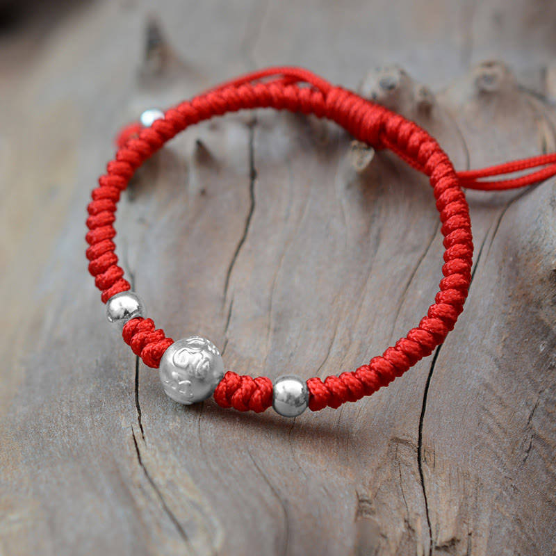 999 Sterling Silver Om Mani Padme Hum Copper Coin Luck Strength String Couple Bracelet
