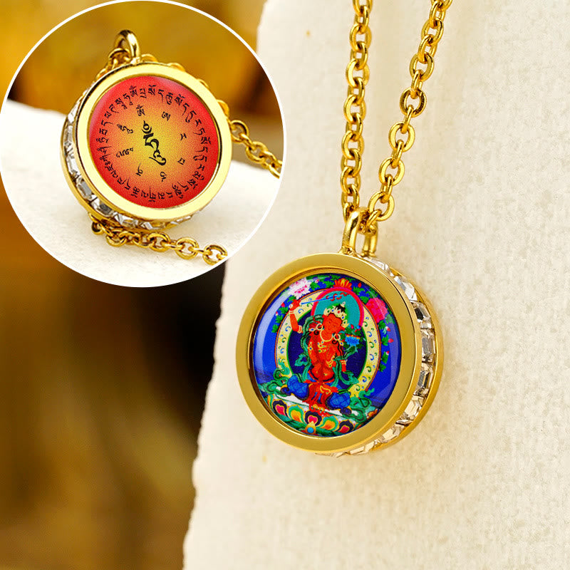 Tibetan Yellow God Of Wealth Green Tara Buddha Serenity Titanium Steel Necklace Pendant