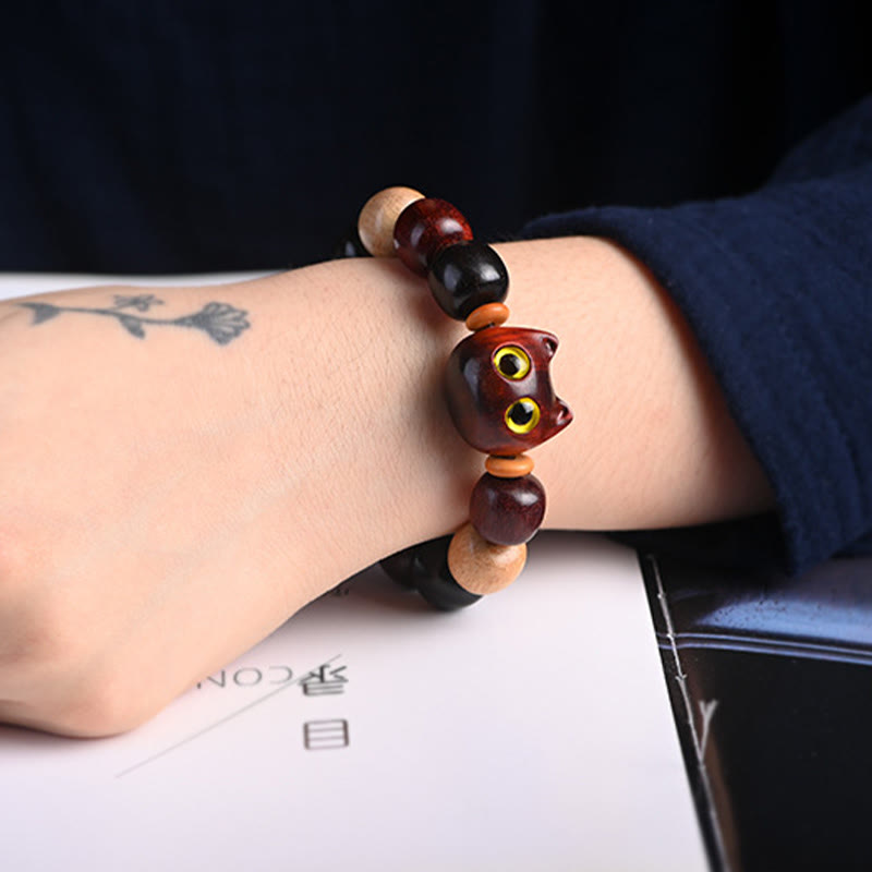 Cute Cat Engraved Sandalwood & Ebony Wood Energy Bracelet