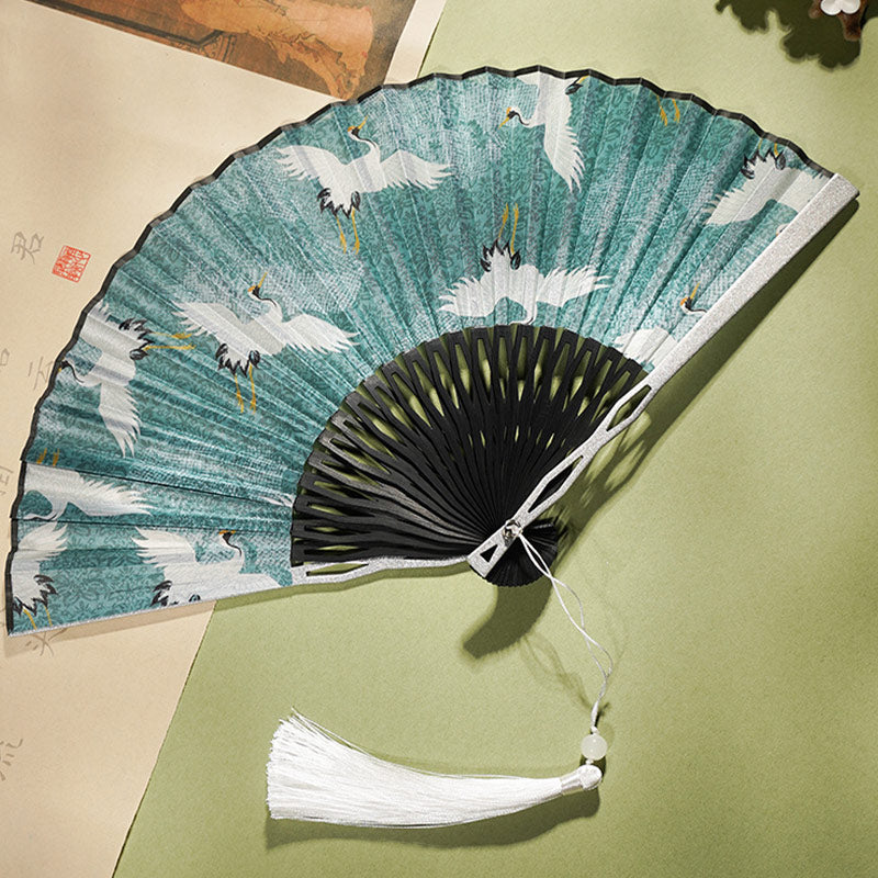 Vintage Blue White Crane Pattern Handheld Silk Bamboo Folding Fan