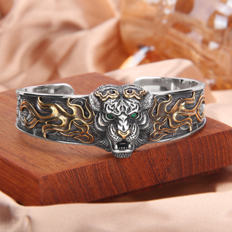 925 Sterling Silver Chinese Zodiac Tiger Adjustable Bangle Bracelet