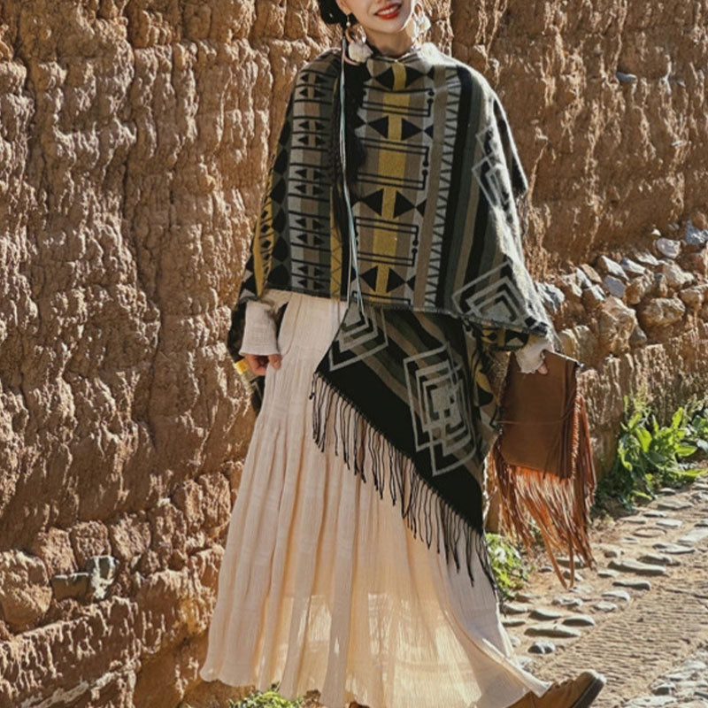 Tibetan Shawl Striped Geometric Pattern Winter Cozy Travel Tassel Scarf Wrap