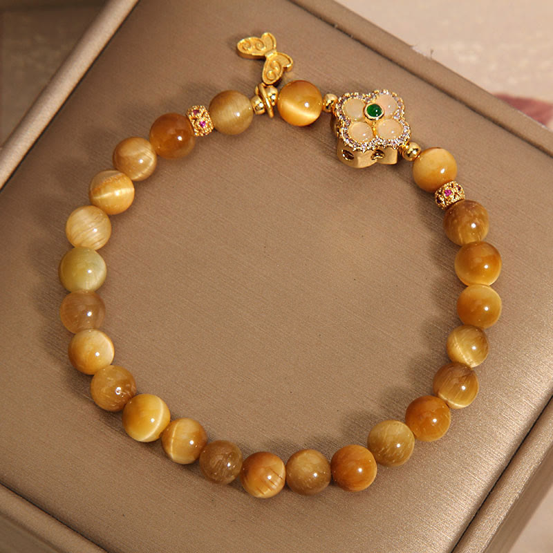 Tiger Eye Four Leaf Clover Butterfly Protection Bracelet
