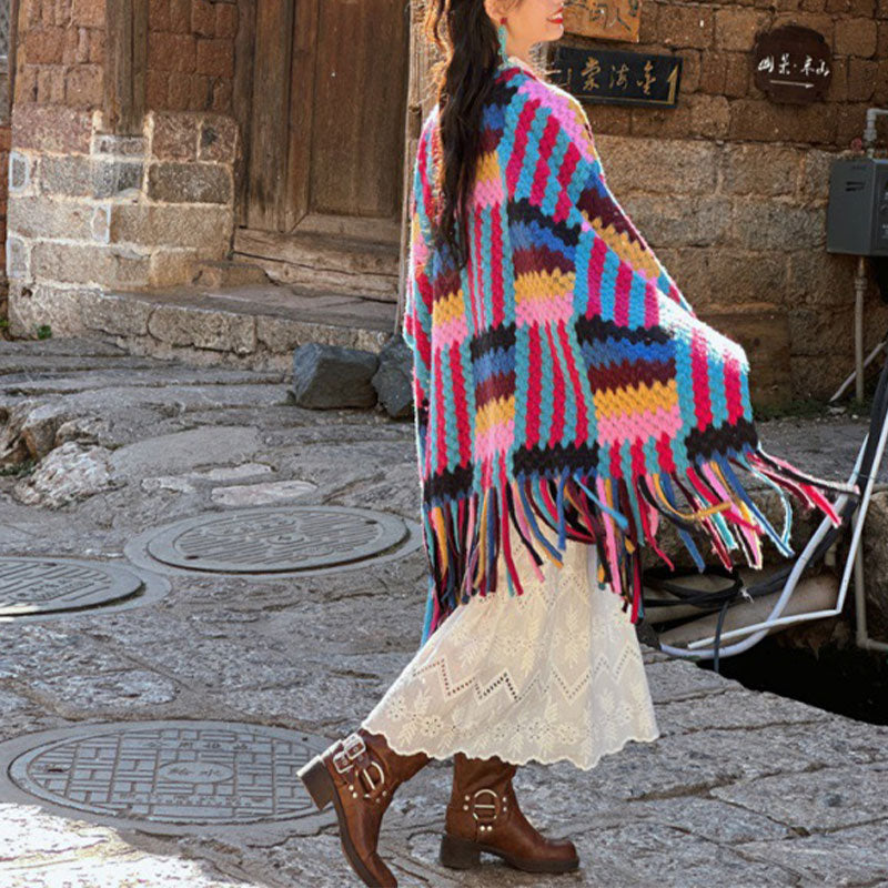 Tibetan Shawl Candy Color Braided Pattern Winter Cozy Travel Knitted Tassel Scarf Wrap