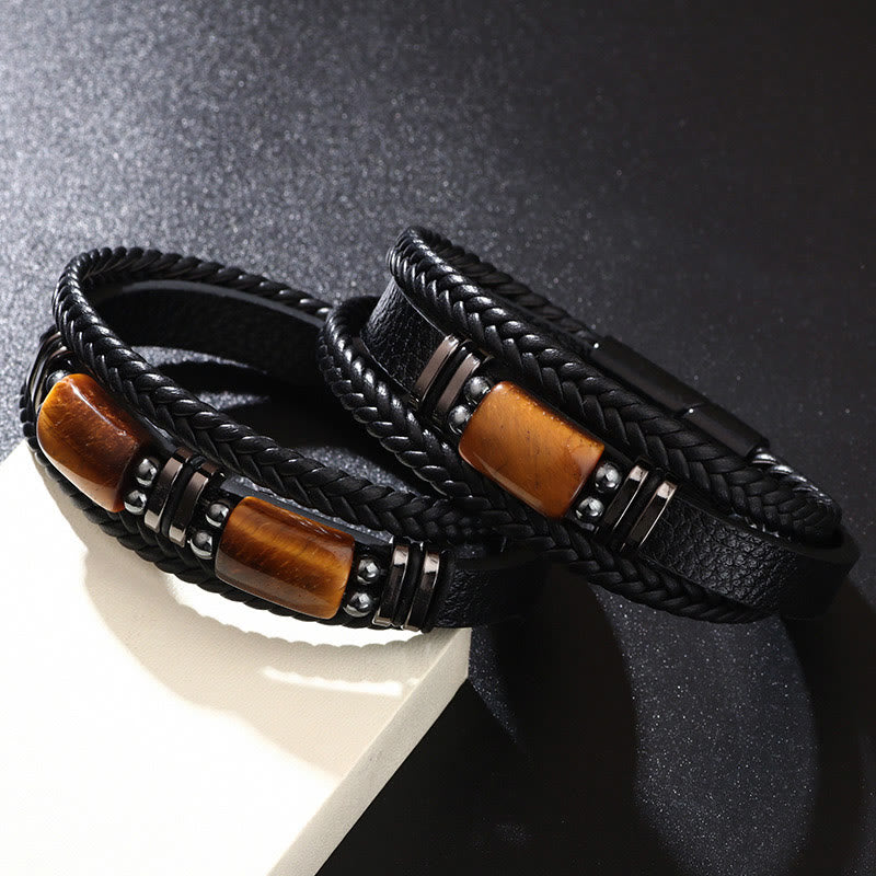 Tiger Eye Power Magnetic Buckle Multilayered Leather Bracelet