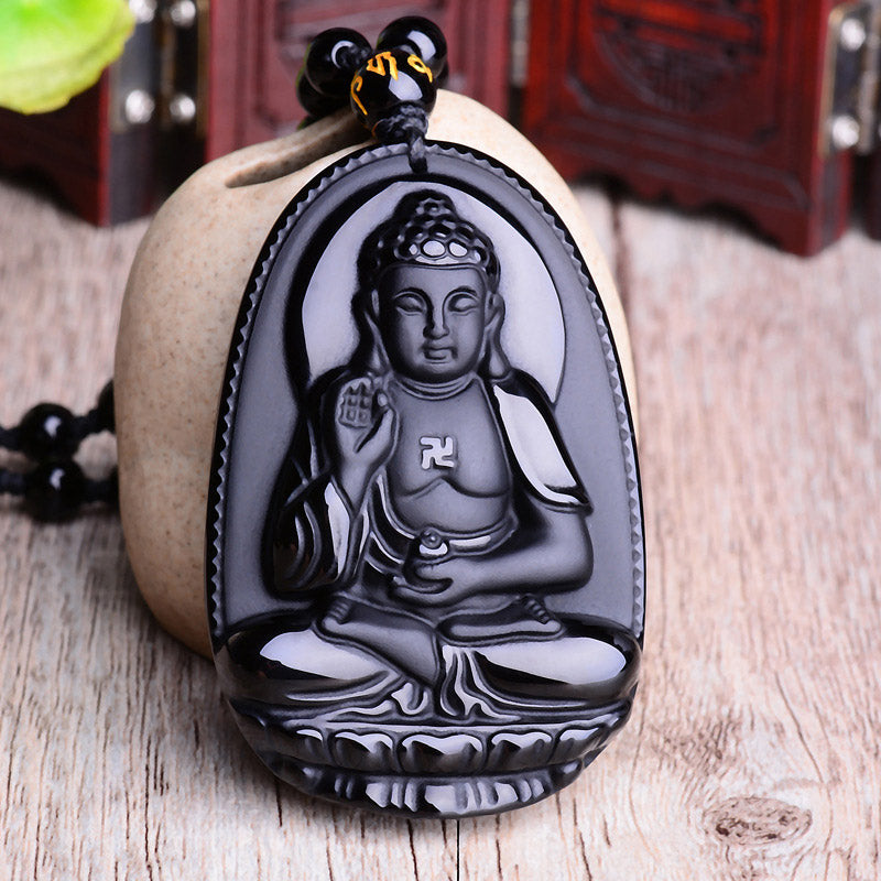 Chinese Zodiac Obsidian Buddha Amulet Protection Pendant Necklace