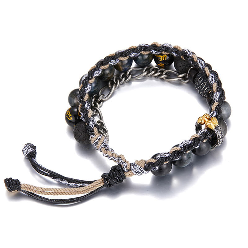 Handmade 925 Sterling Silver Gold Plated Lava Stone, Eagle's Eye & Black Agate Om Mani Beaded Bracelet
