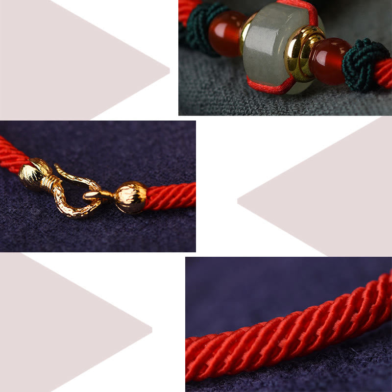 Handmade Tibetan Green Aventurine & Red Agate 14k Gold Red String Braided Bracelet