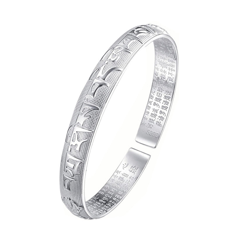 Tibetan White Copper & Sterling Silver Om Mani Padme Hum Sanskrit Engraved Meditation Bangle